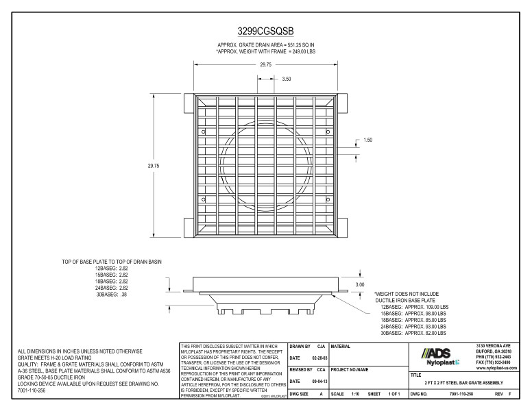 2' x 2' Steel Bar Grate Assembly Nyloplast Detail