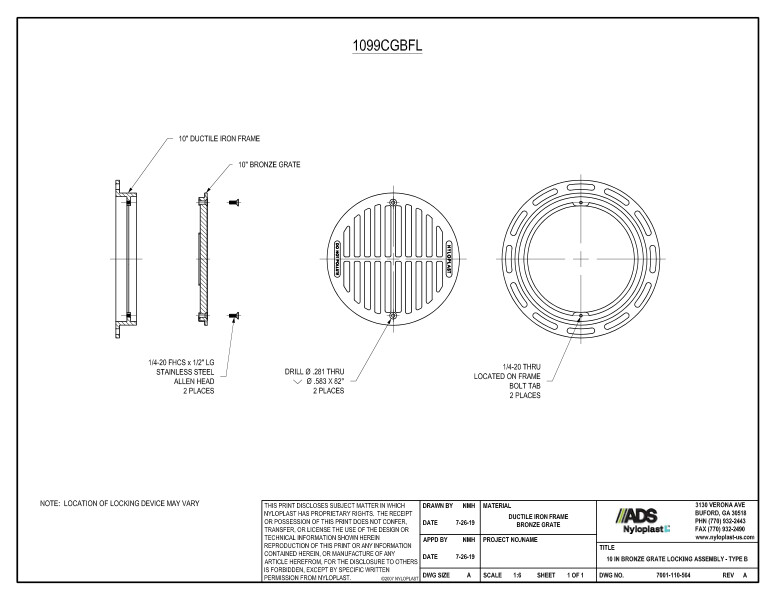 10" Bronze Locking Grate Assembly (Drain Basin) Nyloplast Detail