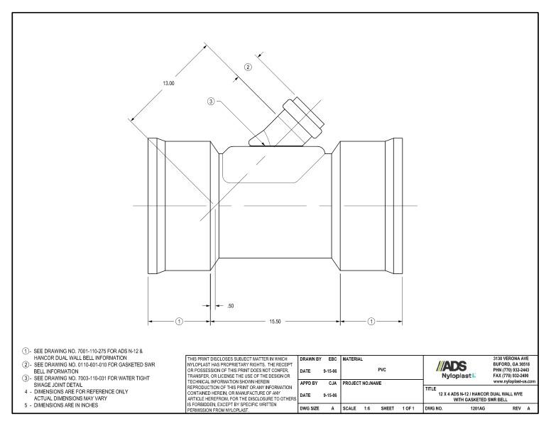 12 x 4 N-12 Dual Wall Wye with Gasketed SWR Bell Nyloplast Detail