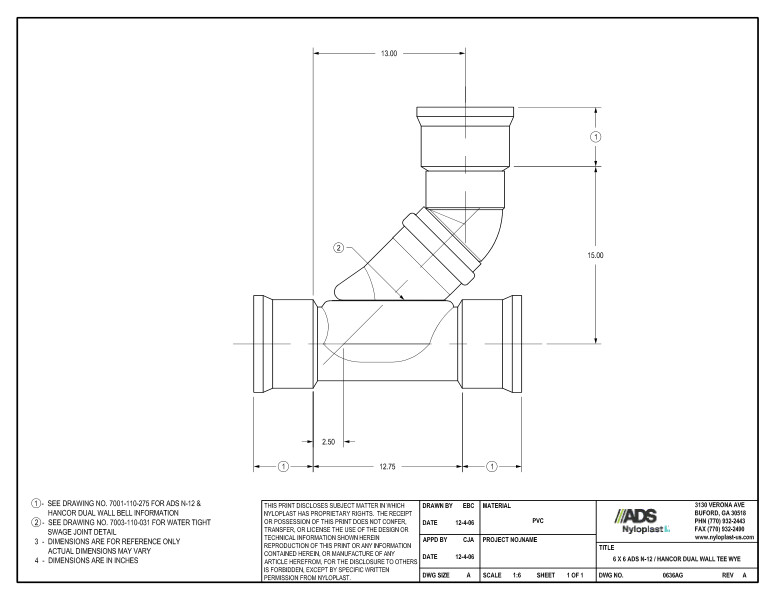 6 x 6 N-12 Dual Wall Tee Wye Nyloplast Detail