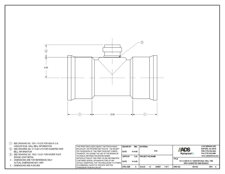 10 x 4 N-12 Dual Wall Tee with Gasketed SWR Bell Nyloplast Detail