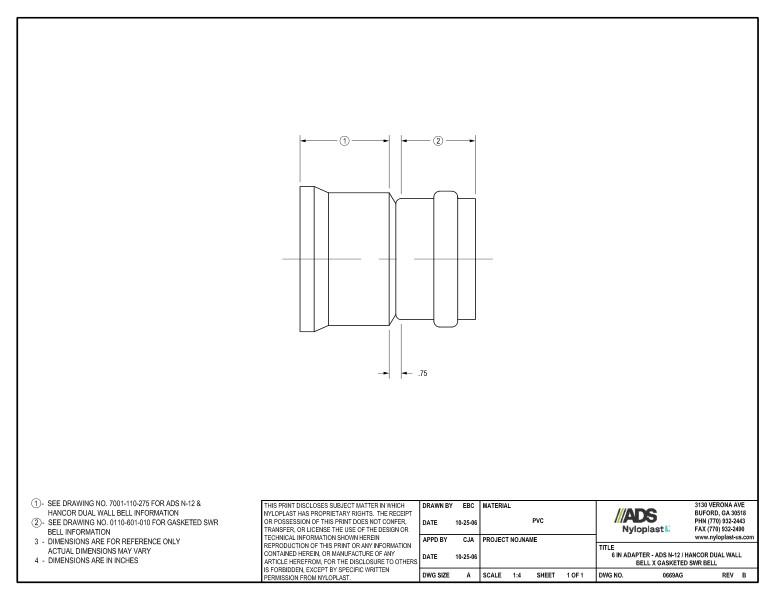 6" Adapter - N-12 Dual Wall Bell x Gasketed SWR Bell Nyloplast Detail