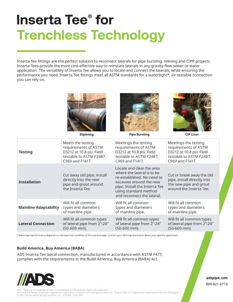 Inserta Tee Trenchless Technology Product Sheet