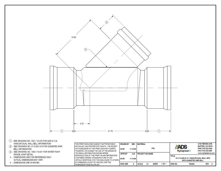 10 x 10 N-12 Dual Wall Wye with Gasketed SWR Bell Nyloplast Detail