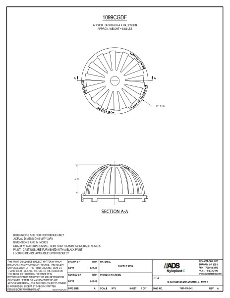 10" Dome Grate Assembly (Drain Basin) Nyloplast Detail