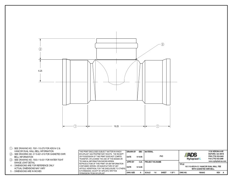 10 x 10 N-12 Dual Wall Tee with Gasketed SWR Bell Nyloplast Detail