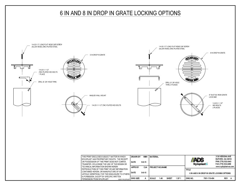 6" & 8" Drop In Grate Locking Options Nyloplast Detail