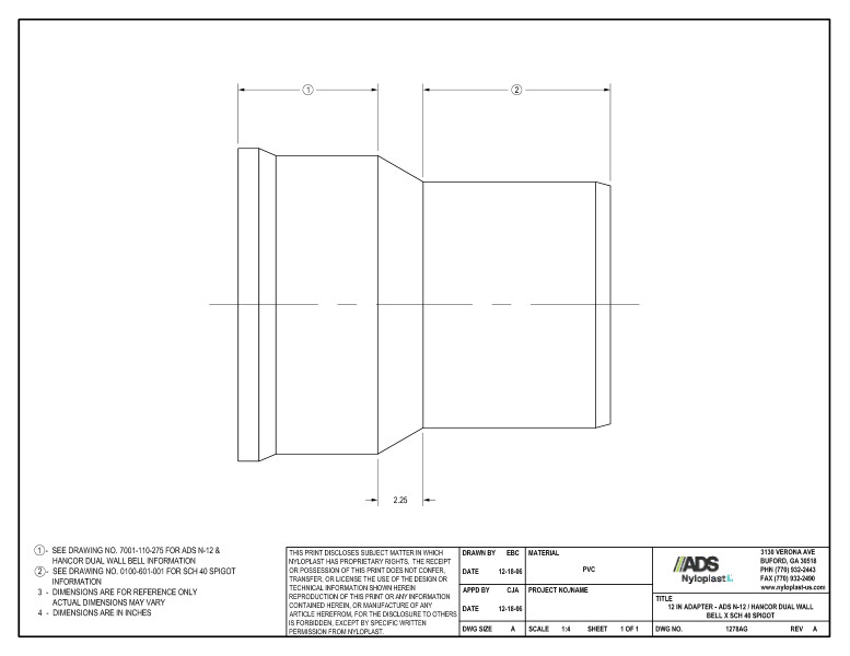 12" Adapter - N-12 Dual Wall Bell x SCH 40 Spigot Nyloplast Detail