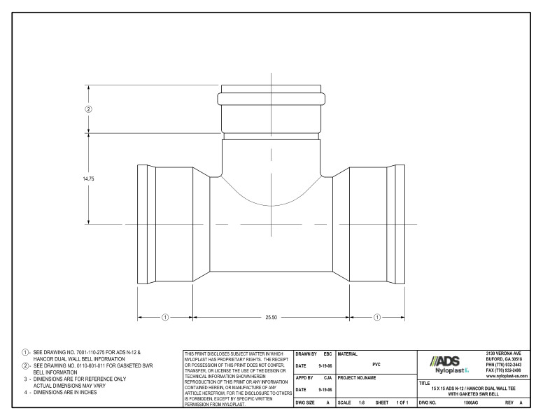 15 x 15 N-12 Dual Wall Tee with Gasketed SWR Bell Nyloplast Detail