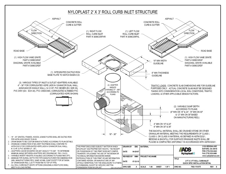 Drain Basin with 2' x 3' Roll Curb Inlet Quick Spec Installation Nyloplast Detail