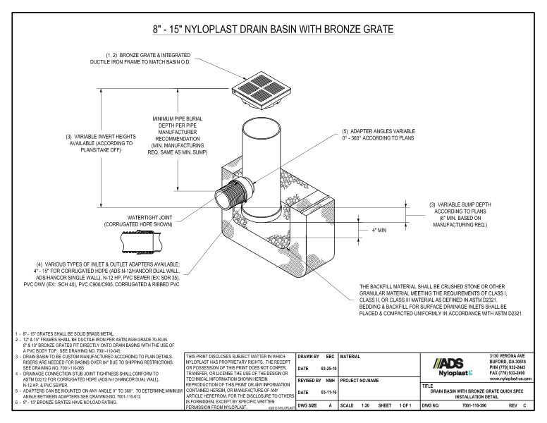 Drain Basin With Bronze Grate Quick Spec Installation Nyloplast Detail