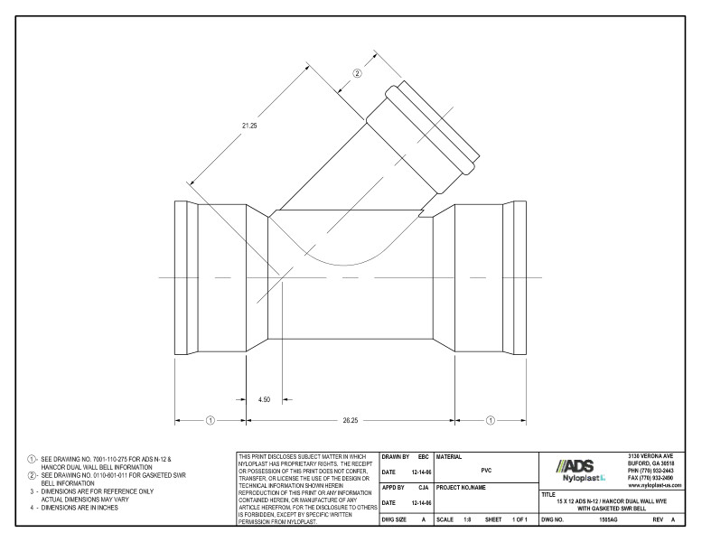 15 x 12 N-12 Dual Wall Wye with Gasketed SWR Bell Nyloplast Detail