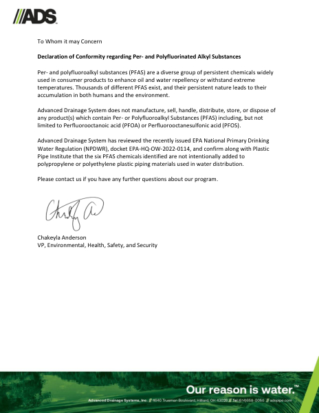 ADS Declaration of Conformity regarding Per- and Polyfluorinated Alkyl Substances