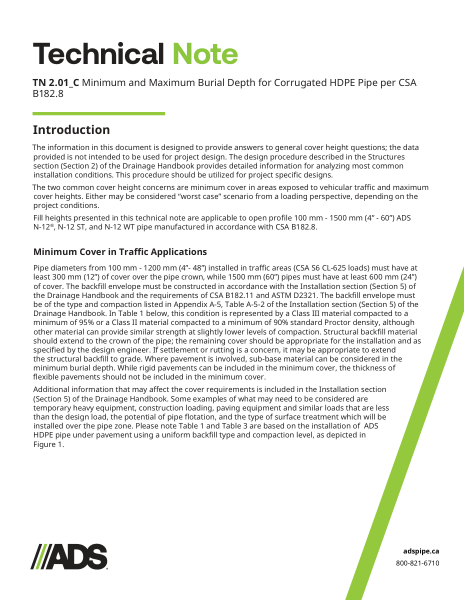 TN 2.01C Minimum and Maximum Burial Depth for Corrugated HDPE Pipe per CSA B182.8 