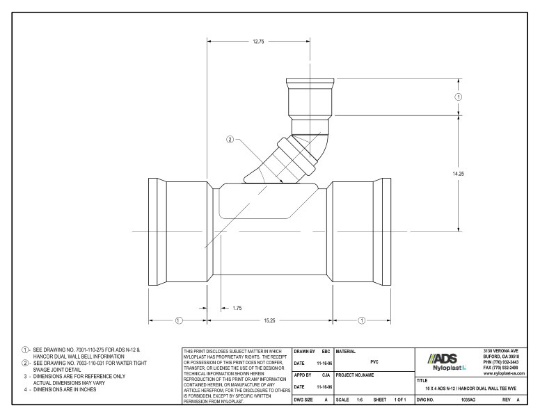 10 x 4 N-12 Dual Wall Tee Wye Nyloplast Detail