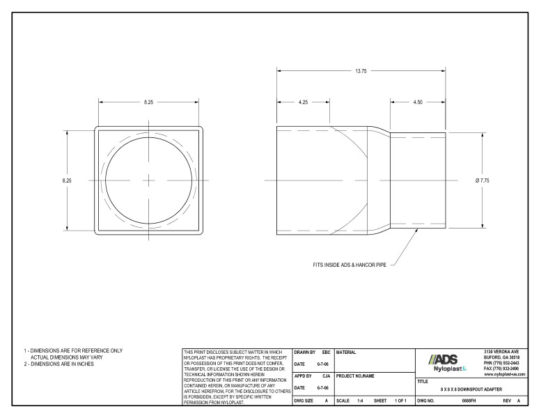 8 X 8 X 8 Downspout Adapter Nyloplast Detail