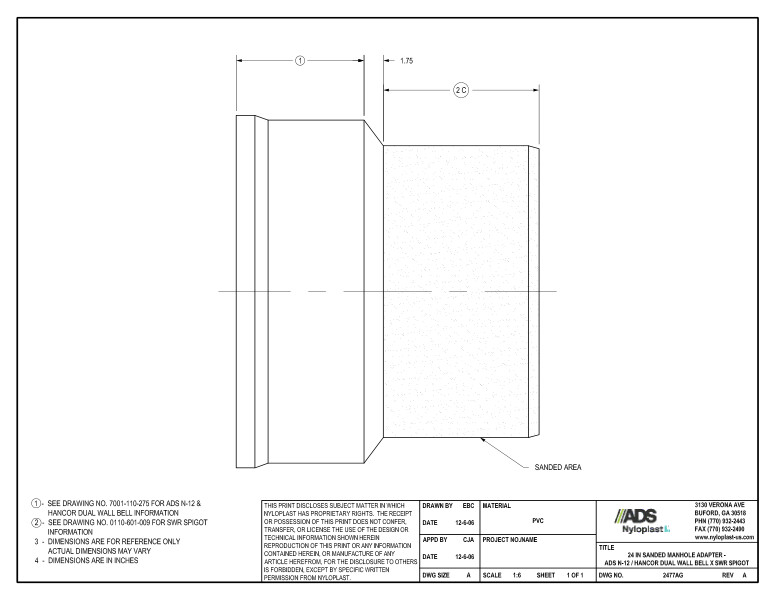 24" Sanded Manhole Adapter - N-12 Dual Wall Bell x SWR Spigot Nyloplast Detail