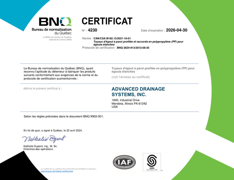 BNQ 3624-913 Profile Polypropylene Sewer Pipe and Fittings CERTIFICATE