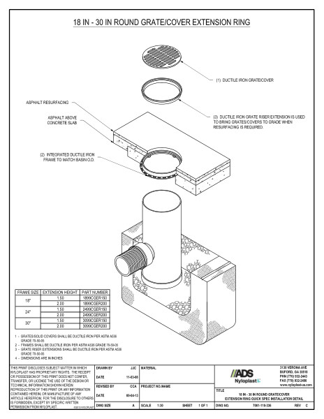 18" - 30" Round Grate/Cover Extension Ring Quick Spec Installation Nyloplast Detail