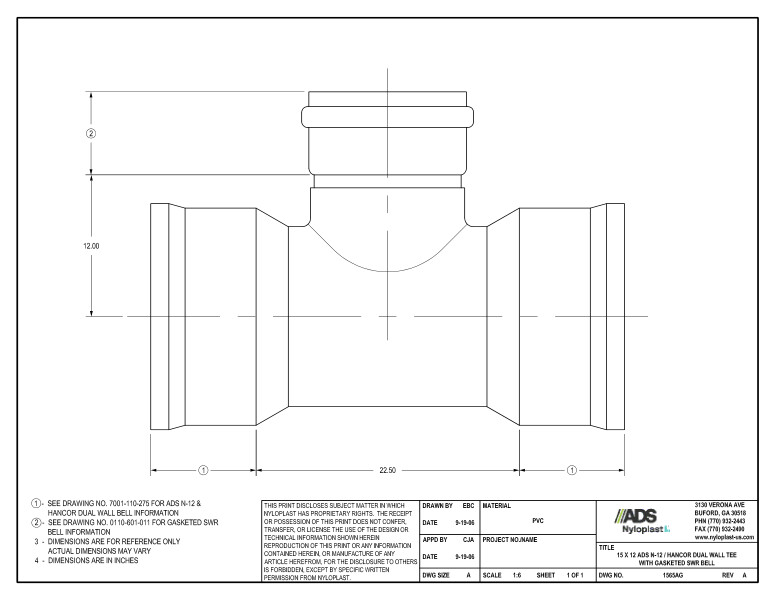 15 x 12 N-12 Dual Wall Tee with Gasketed SWR Bell Nyloplast Detail