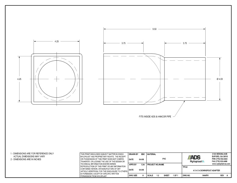 4 X 4 X 4 Downspout Adapter Nyloplast Detail