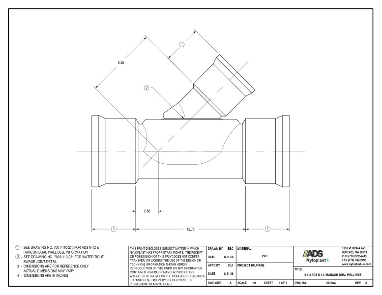 6 x 4 N-12 Dual Wall Wye Nyloplast Detail