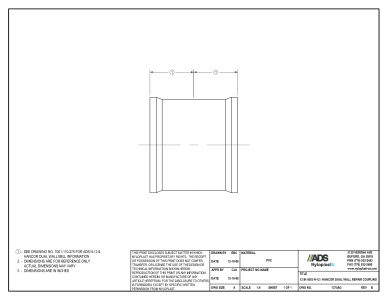 12" N-12 Dual Wall Repair Coupling Nyloplast Detail