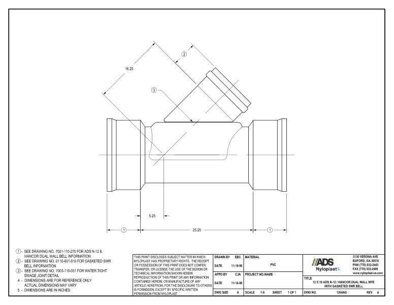 12 x 10 N-12 Dual Wall Wye with Gasketed SWR Bell Nyloplast Detail