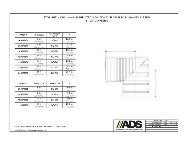 6" - 24" StormTech Dual Wall Fabricated Soil Tight Plain End 90 Degree Manifold Bends (StormTech Dual Wall HDPE Fittings)