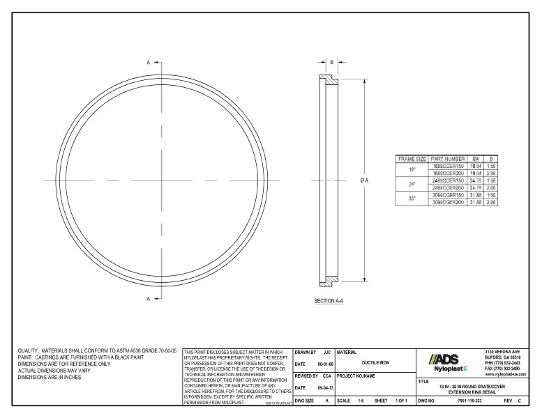 18" - 30" Round Grate/Cover Extension Ring Nyloplast Detail