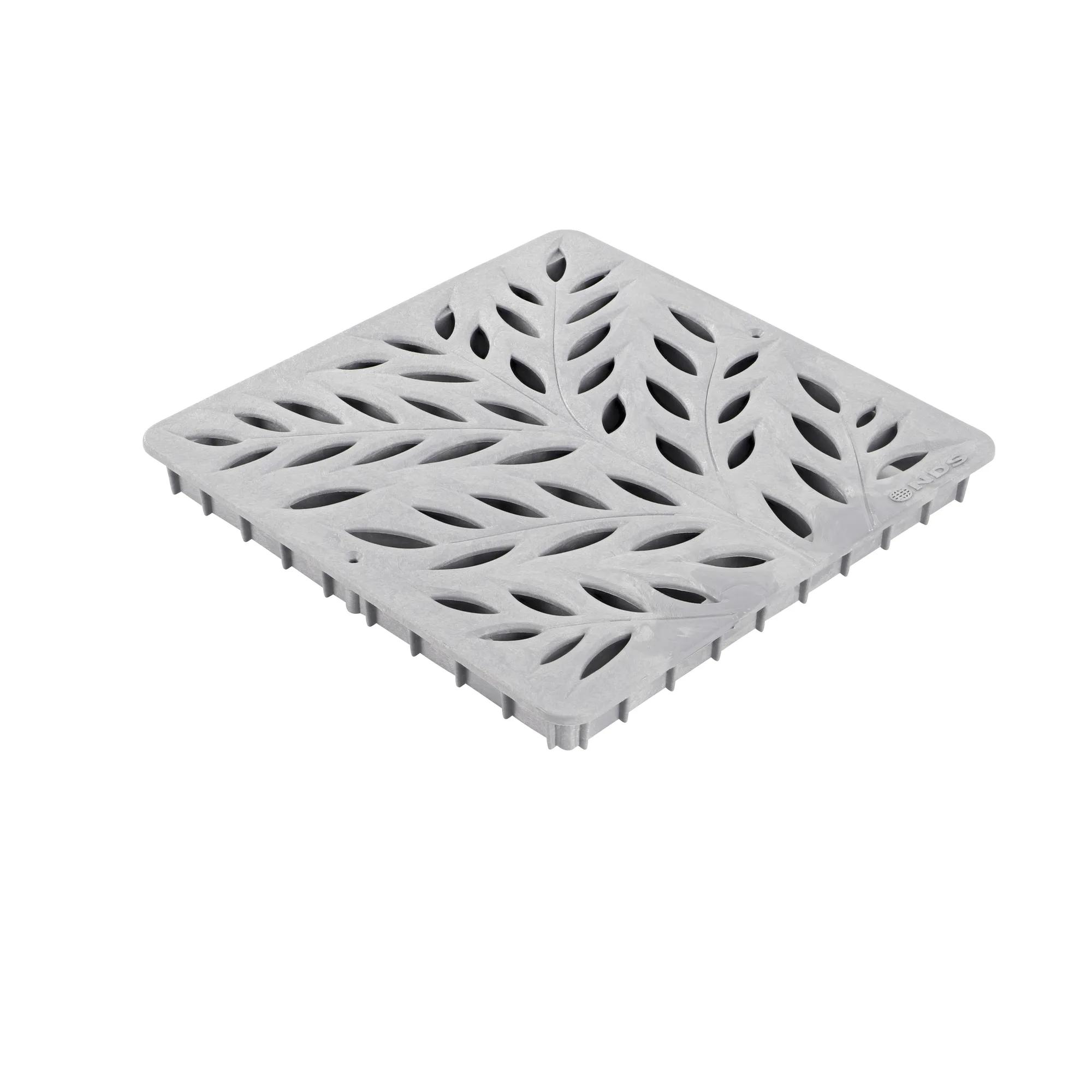 Gray plastic 12 in. Catch Basin Grate (NDS 1218GY) with a decorative botanical design drains water as it blocks pipe-clogging debris