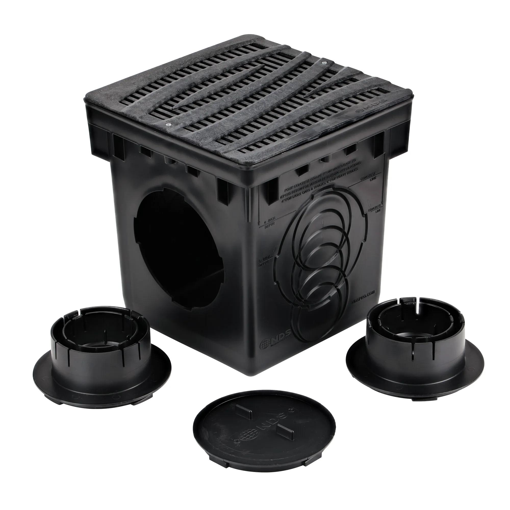 Unassembled 12 in. Catch Basin Drain Kit with Black Wave Grate (NDS 1200DGBLKITWH) includes two adapters for both outlets and one plug