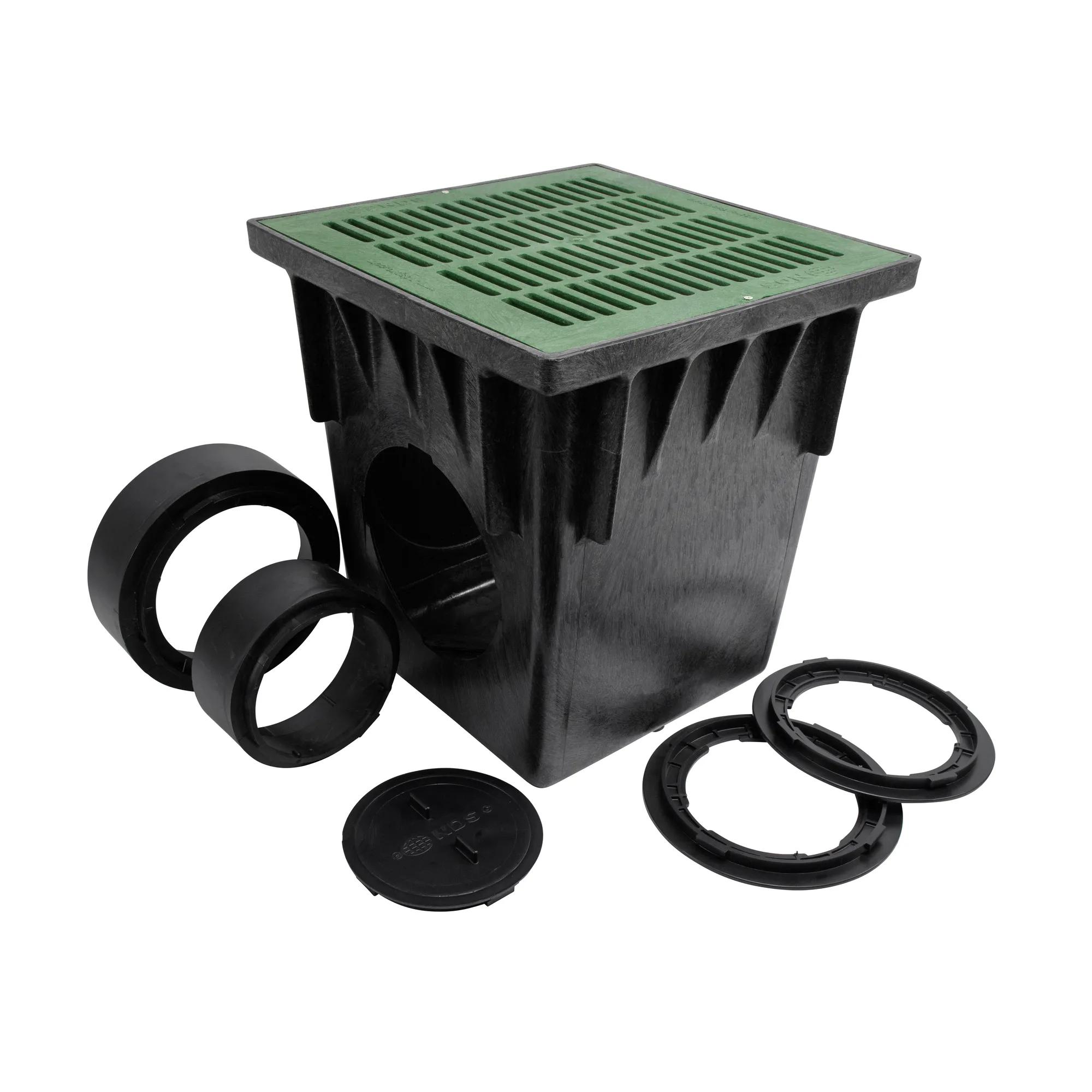 Unassembled 18 in. Catch Basin Drain Kit (NDS 1882GRKIT) with a green grate (NDS 1812), adapters (NDS 1266, NDS 1888) that connects to 6 in. and 8 in. drainage pipes, and plug (NDS 1206)