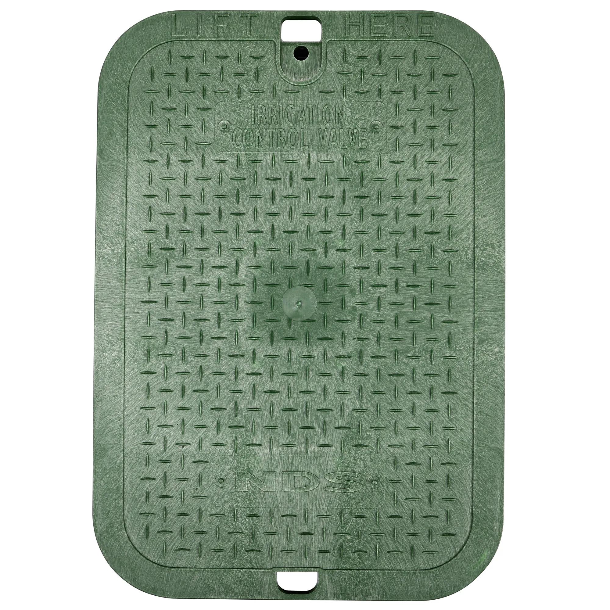 View of the top of Green 14 in. X 19 in. Rectangular ICV Cover which hides shallow systems (NDS 115*, NDS 115 LOWES)