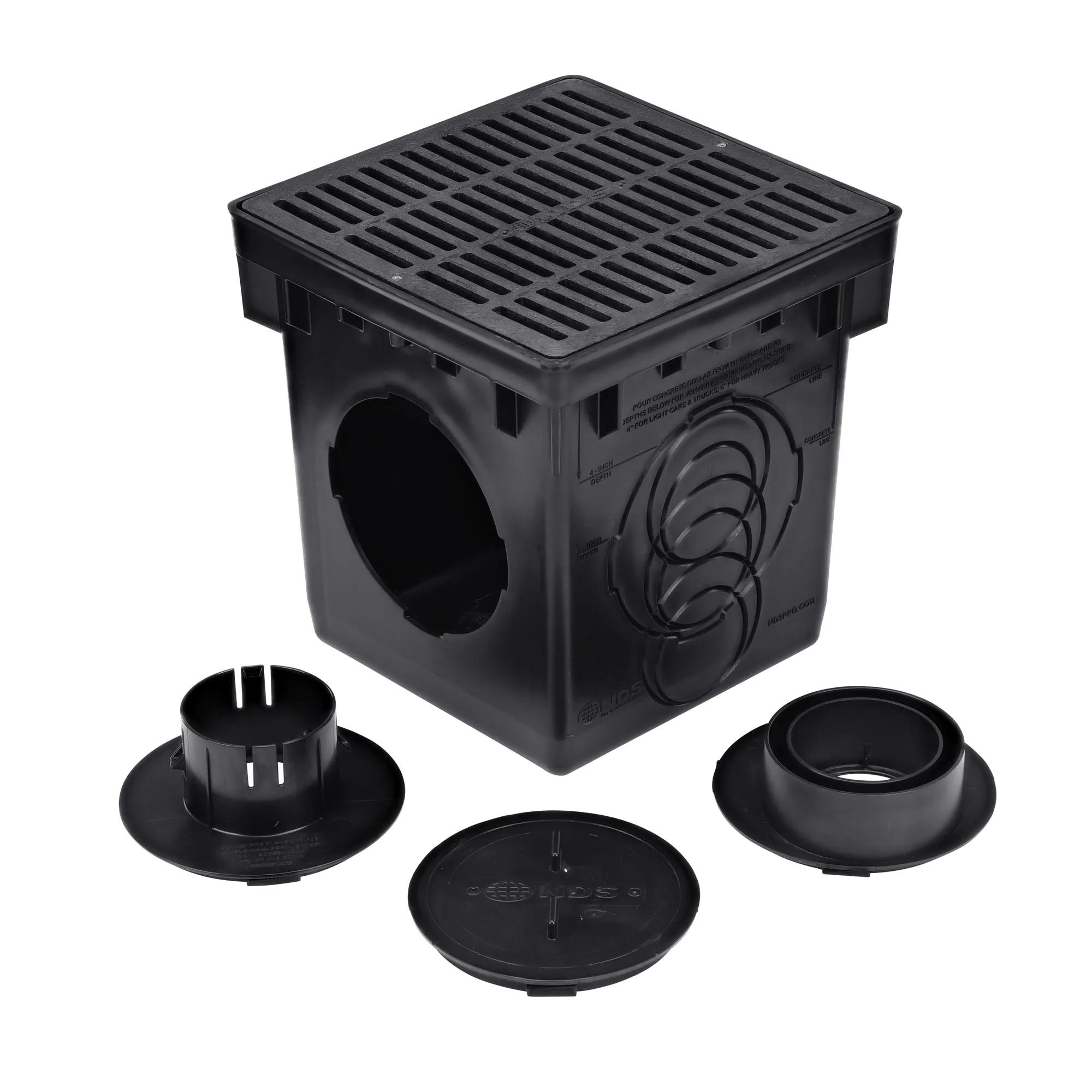 Unassembled 12 in. Catch Basin Drain Kit with black grate (NDS 1200BLKIT) includes two adapters for both outlets