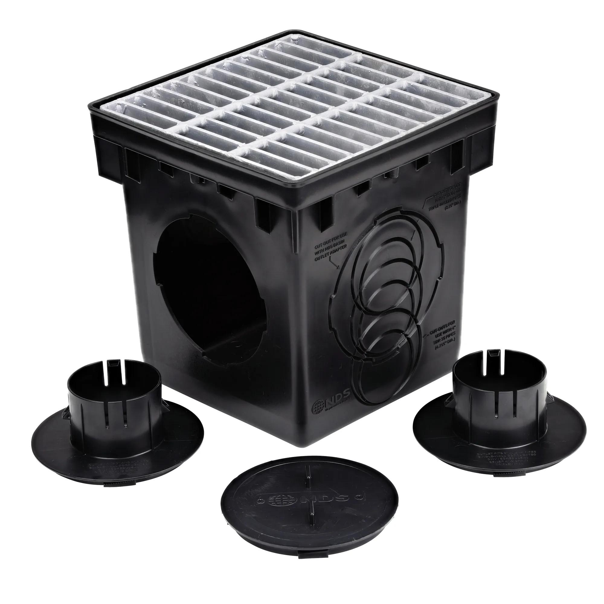 Unassembled NDS 12 in. Catch Basin Drain Kit with Galvanized Steel Grate (NDS 1200MTLKIT) includes two adapters for both outlets