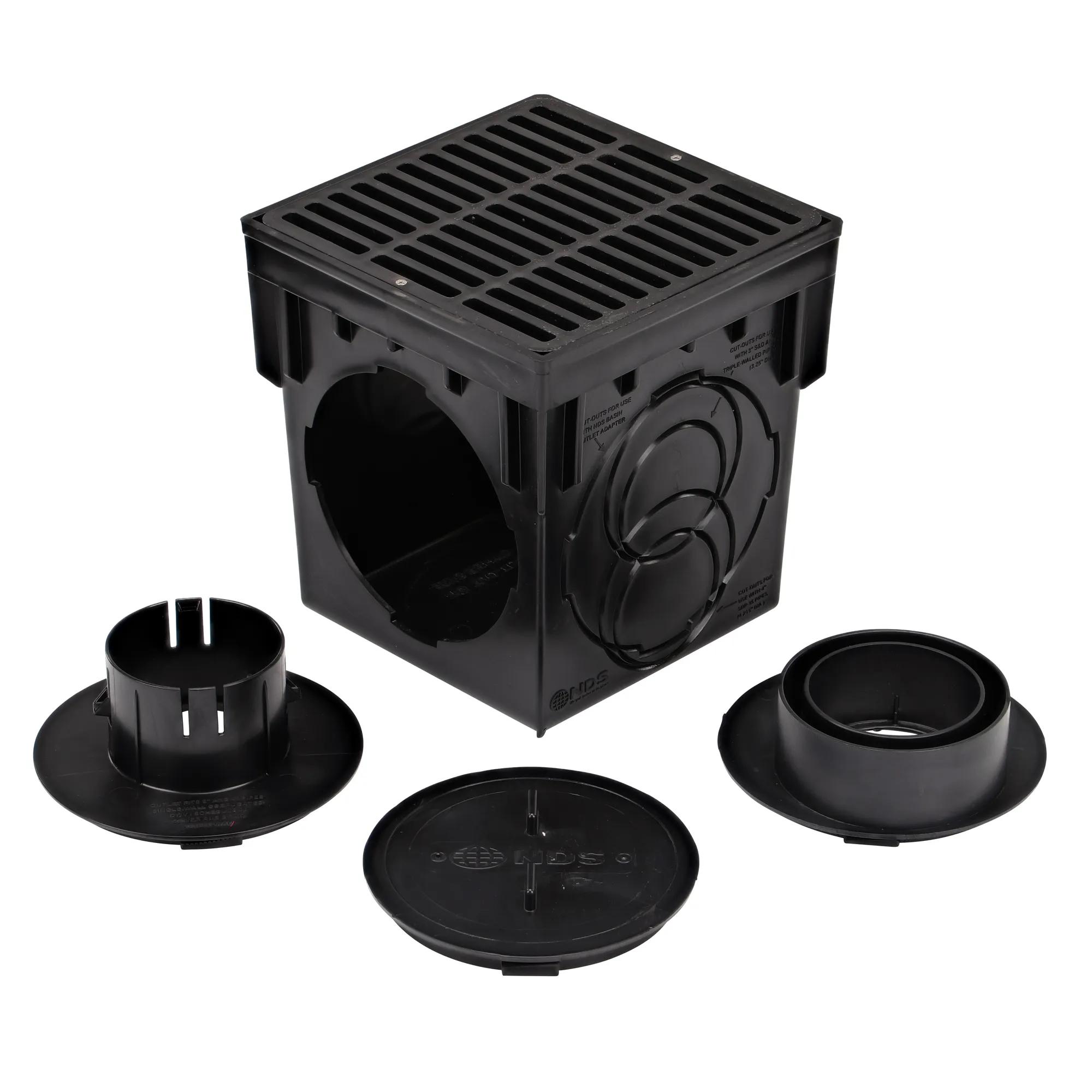 Unassembled black plastic 9 in. Catch Basin Drain Kit with black grate (NDS 900BLKIT) drains water as it blocks pipe-clogging debris