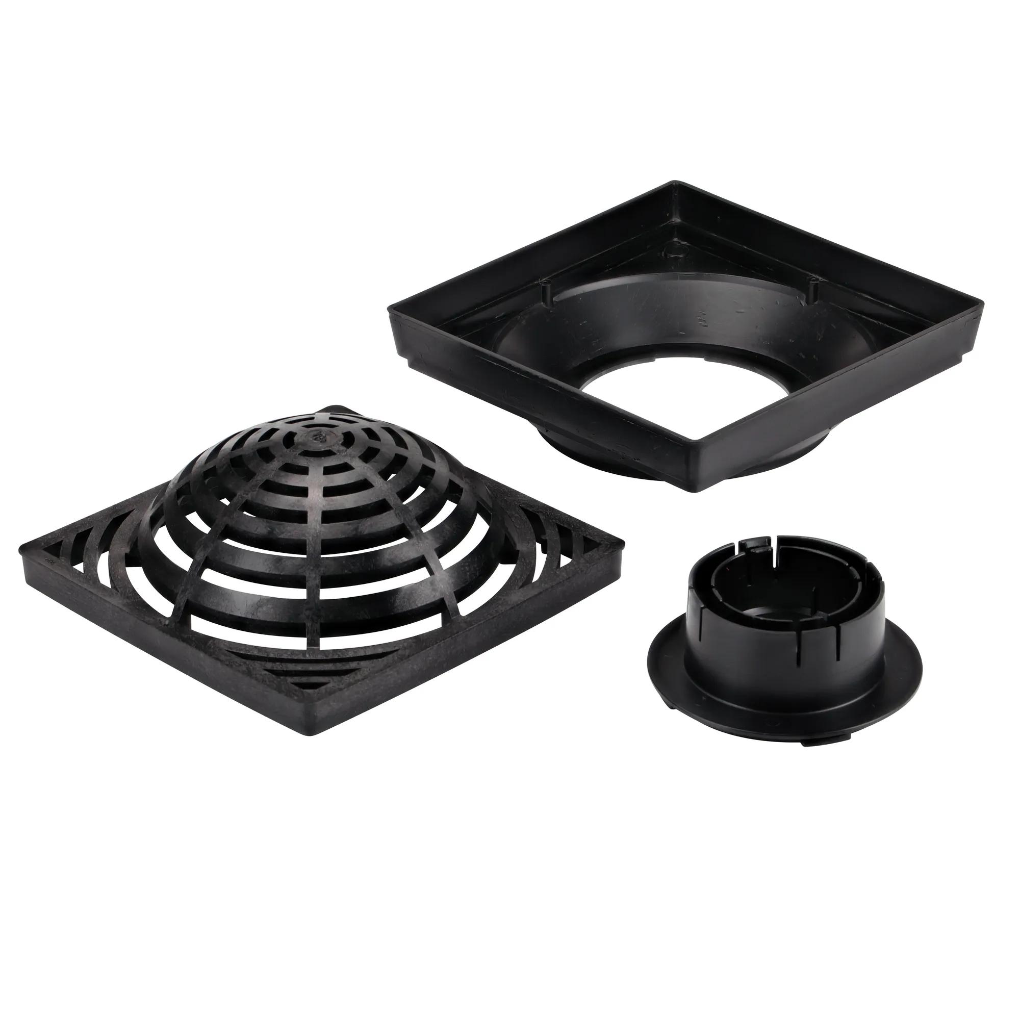 Unassembled view of the parts in the NDS 12. Low-Profile Adapter Kit with Black Atrium Grate (NDS 1230ATBLKIT)