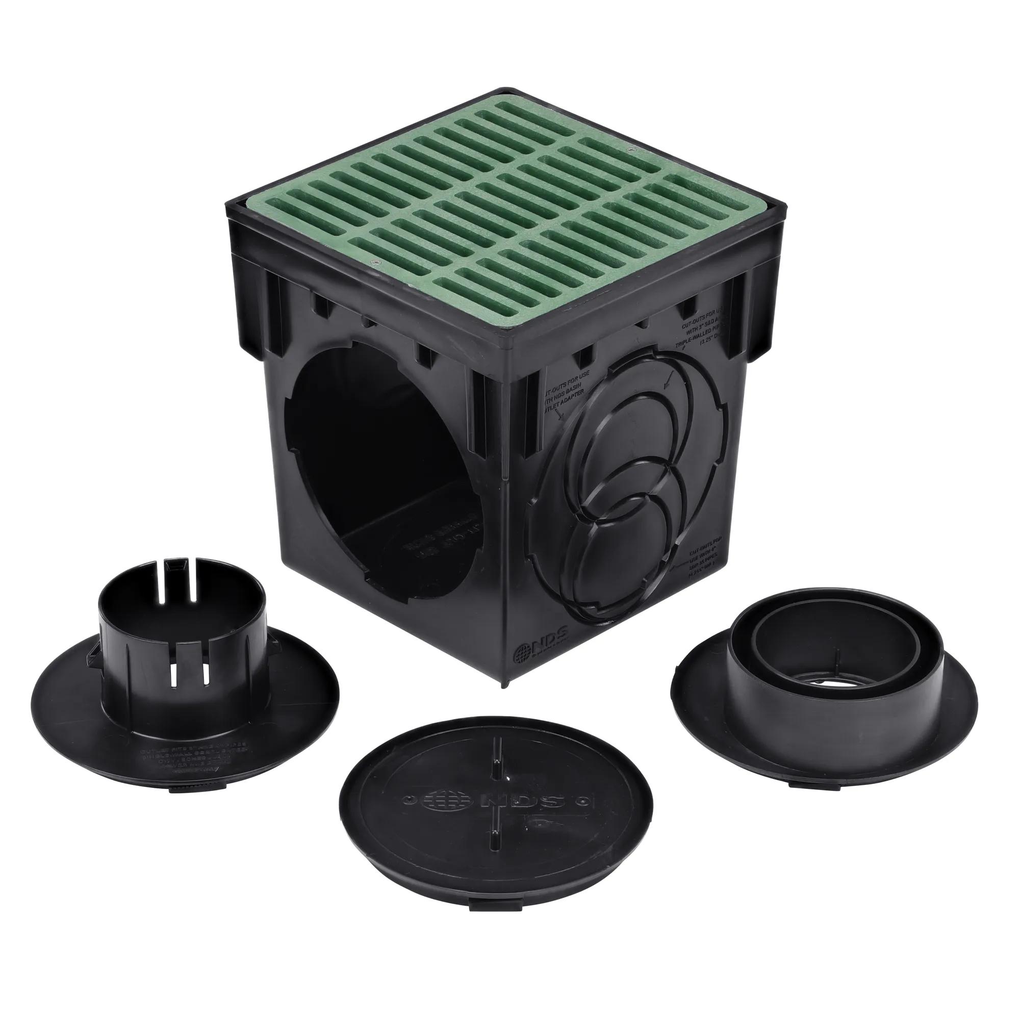 Unassembled view of the plastic 9 in. Catch Basin Drain Kit with green grate (NDS 900GRKIT)