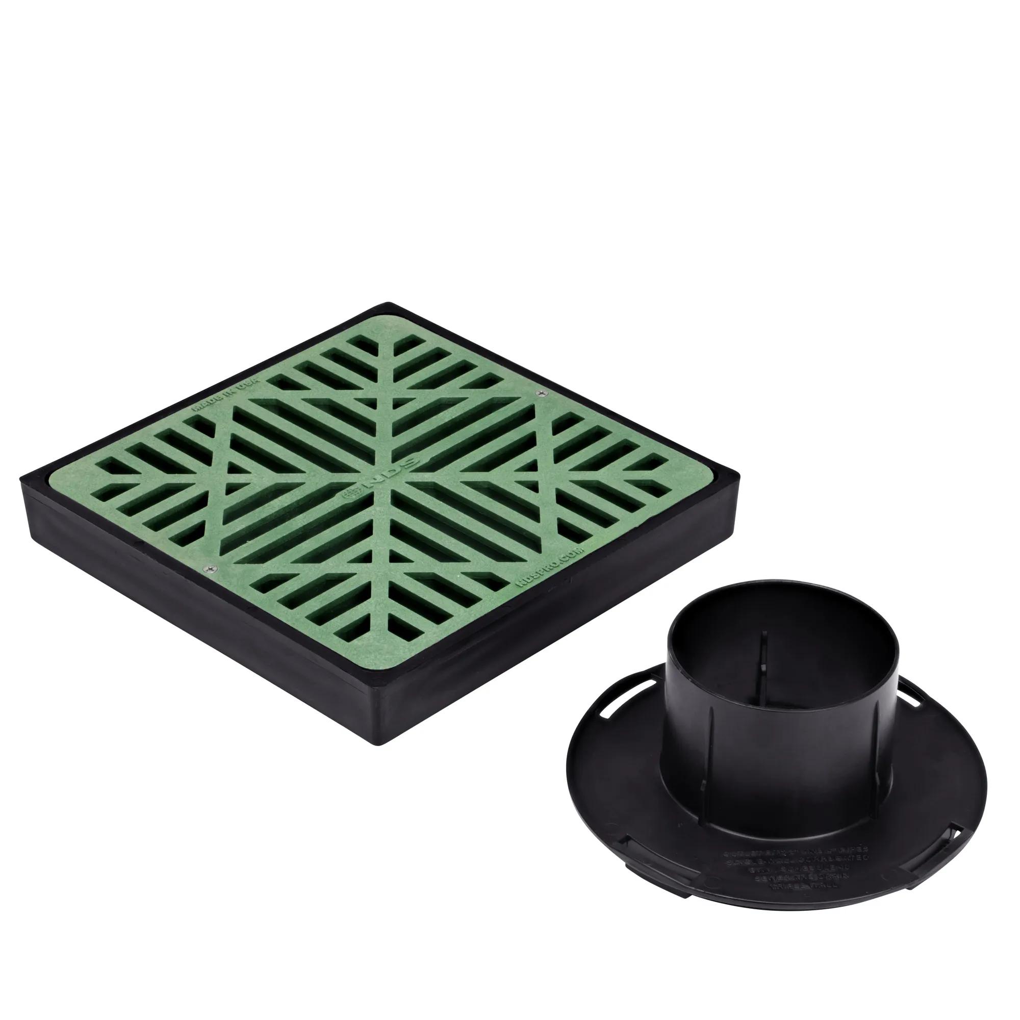 NDS 9 in. Low-Profile Adapter Kit with Green Square Grate (NDS 930GRKITRTL) includes 1 outlet adapter that connects to 3 in. or 4 in. pipe
