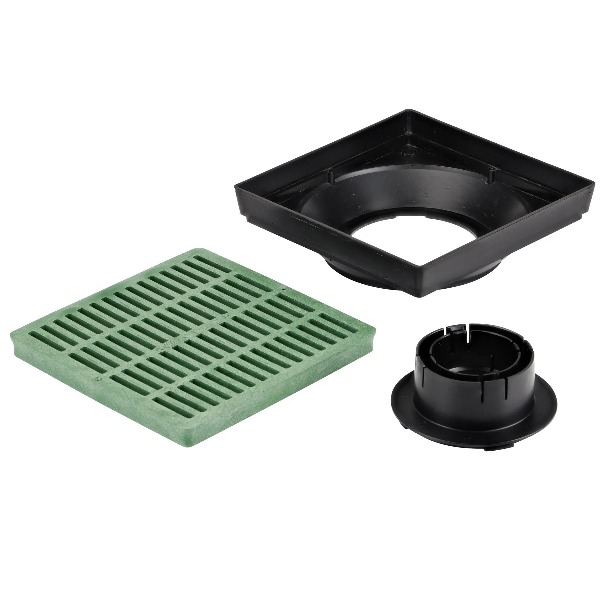 Unassembled view of the parts that make up the NDS 12. Low-Profile Adapter Kit with Green Square Grate (NDS 1230GRKIT)