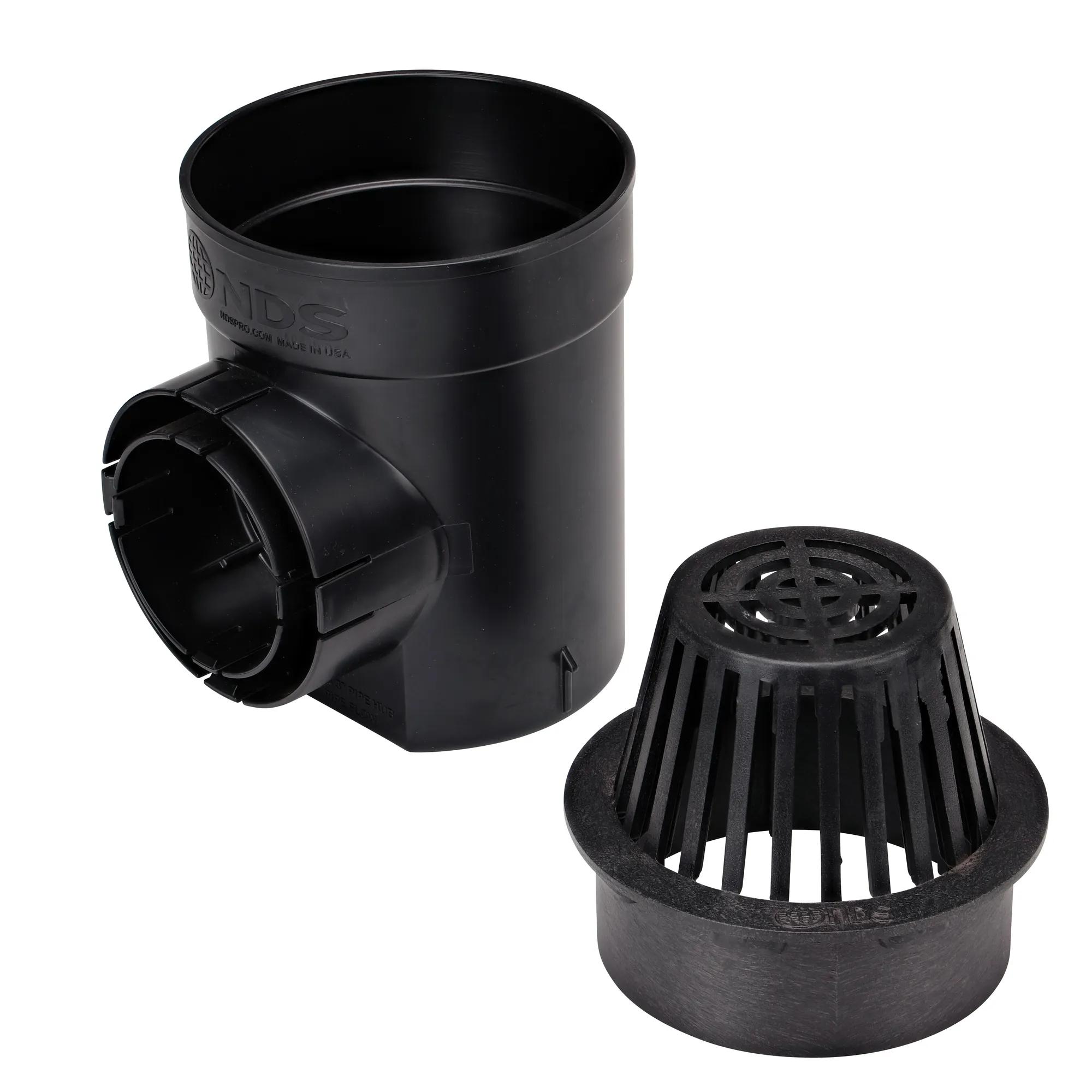 Unassembled, the 1-outlet NDS 6 in. Round Spee-D Catch Basin Drain comes with Black Plastic Atrium Grate (NDS 101ATBLKIT)
