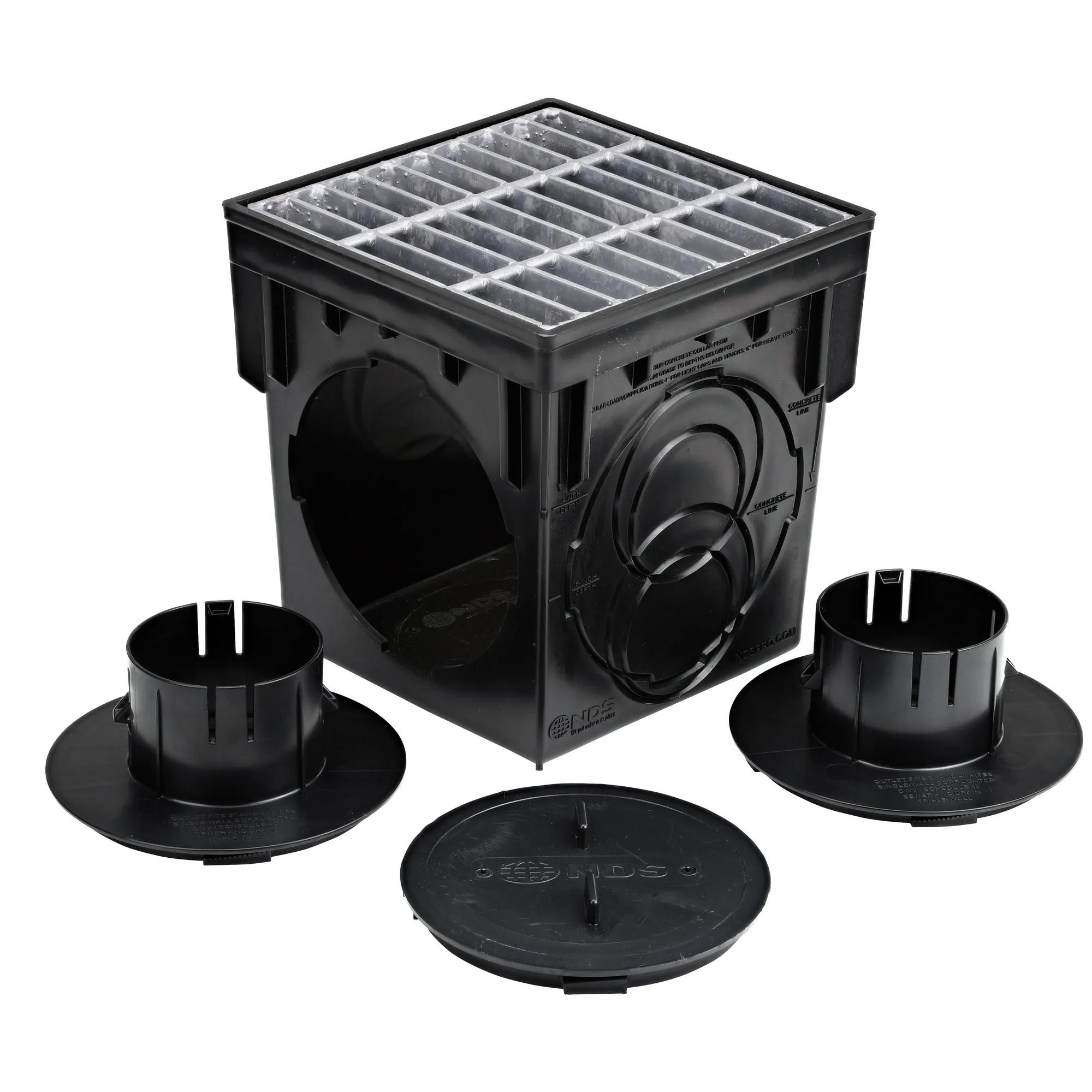 Unassembled view of the 9 in. Catch Basin Drain Kit with galvanized steel grate (NDS 900MTLKIT)