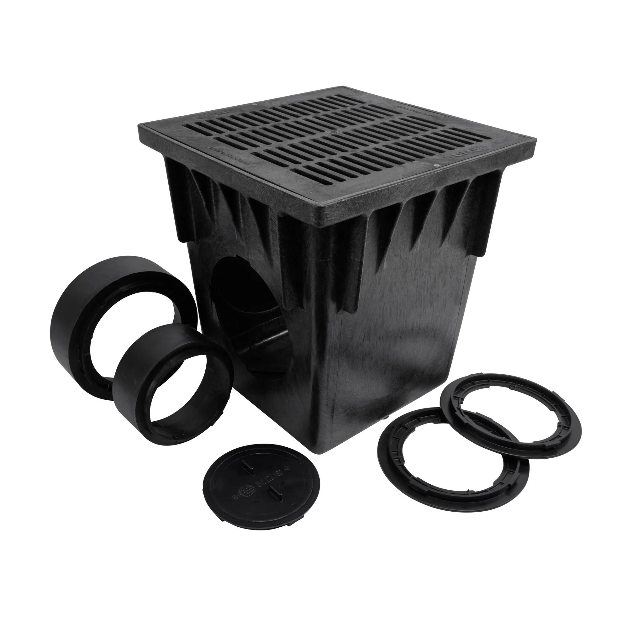 Unassembled Black plastic 18 in. Catch Basin Drain Kit (NDS 1882BLKIT) with a black grate (NDS 1811), adapters (NDS 1266, NDS 1888) that connects to 6 in. and 8 in. drainage pipes, and plug (NDS 1206)