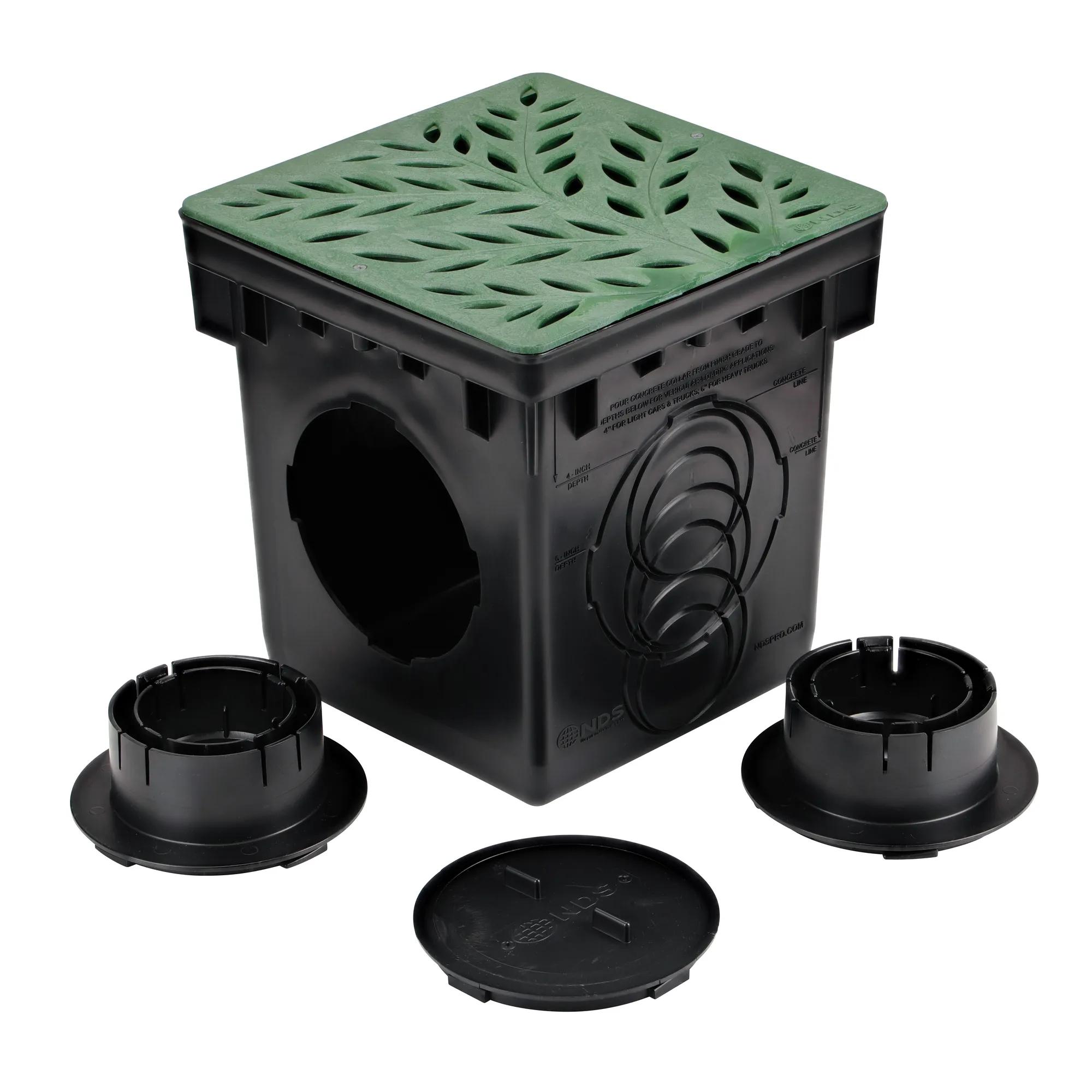 Unassembled 12 in. Catch Basin Drain Kit with Botanical Green Grate (NDS 1200DGGKITWH) includes two adapters for both outlets and one plug