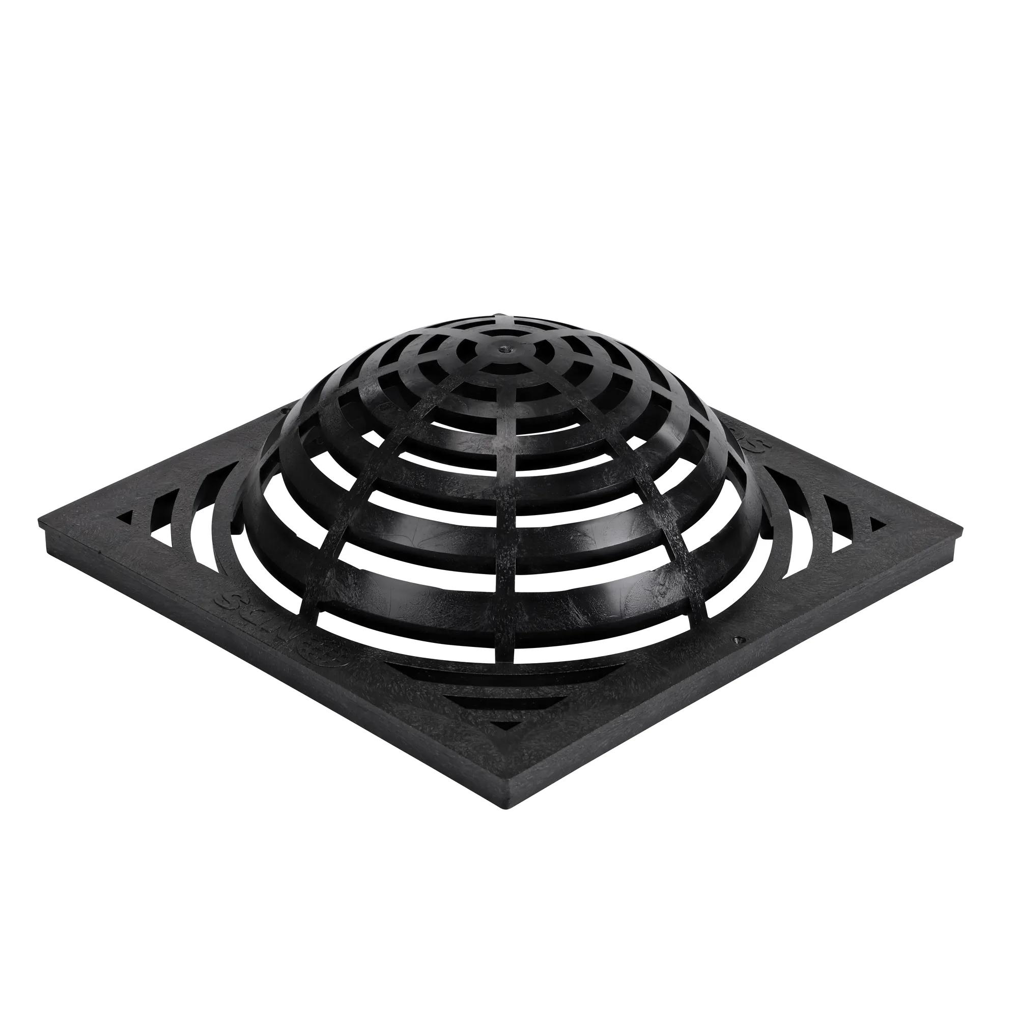 Hero shot of 18 in. Square Atrium Catch Basin Drain Grate, Black Plastic (NDS 1881) which sits on 18 in. catch basin (NDS 1882) and drains water as it blocks pipe-clogging debris