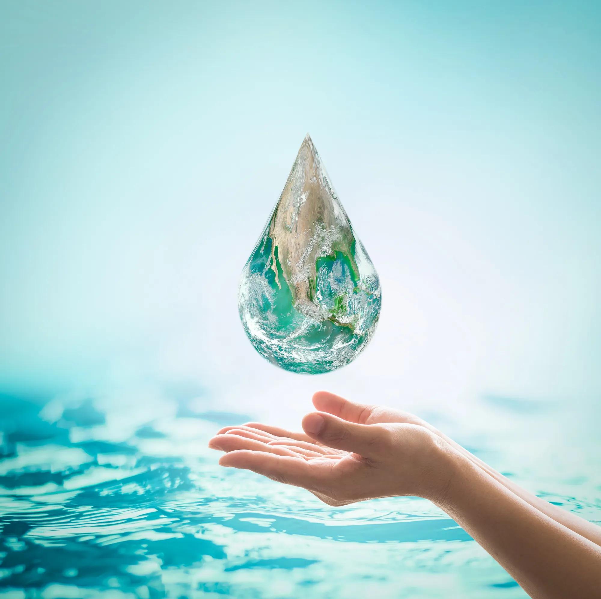 Female woman human hands on blurred wavy clean water background: Saving water clean natural environment ocean concept/ campaign: Love earth, save water conceptual idea/ sign
