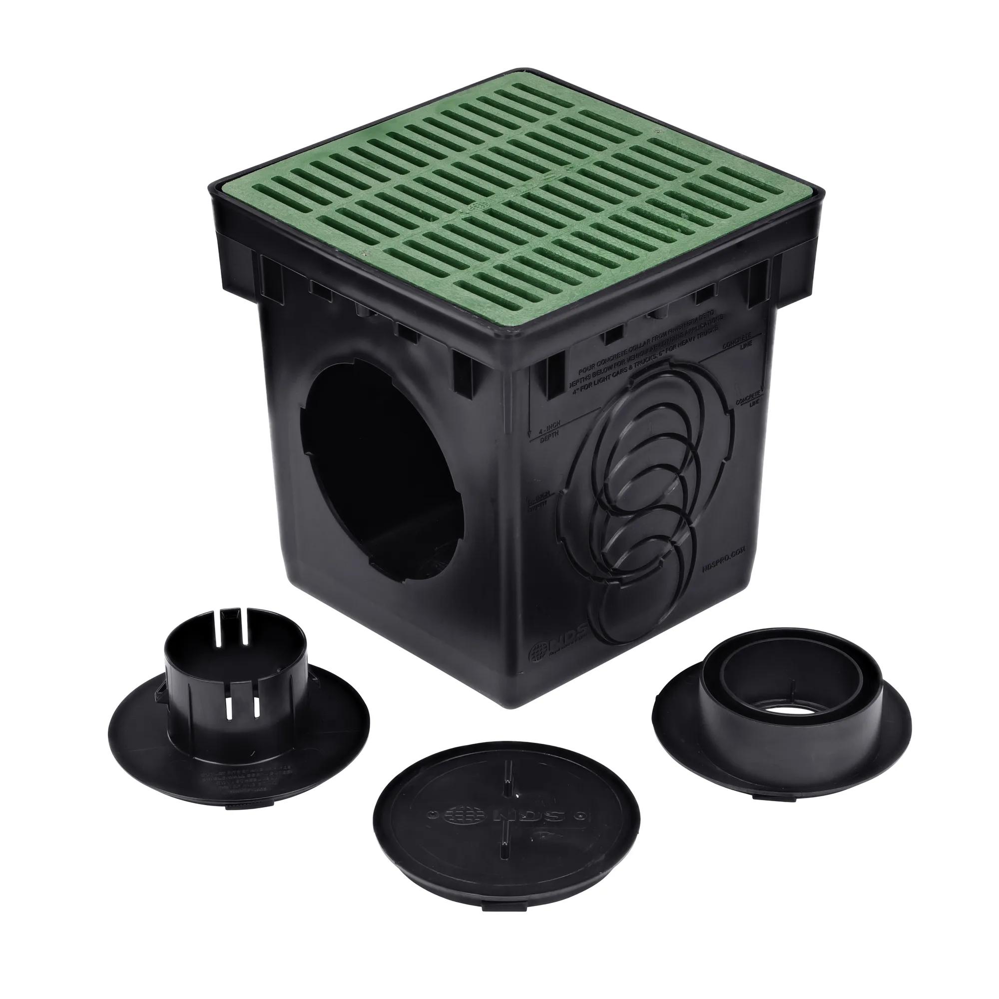 The unassembled NDS 12 in. Catch Basin Drain Kit with green grate (NDS 1200GRKIT) includes two adapters for both outlets